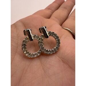 Silver Tone Rhinestone Open Circle Drop Earrings – Y2K Stud Dangle Hoop Style